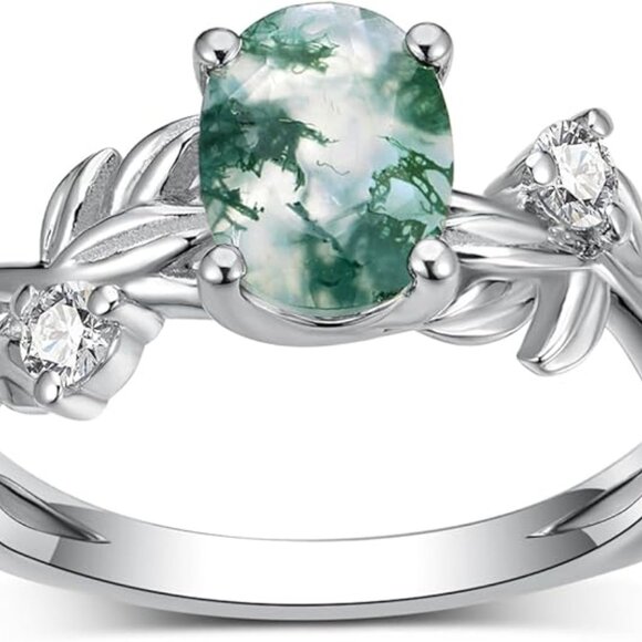 Women's S925 Oval Shape 1 Carat Green Moss Agate Engagement Ring Set - Picture 3 of 5